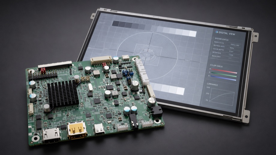 A Digital View controller board wired to an open-frame LCD panel — this tool matches LCD, OLED and e-paper panels to controller boards.